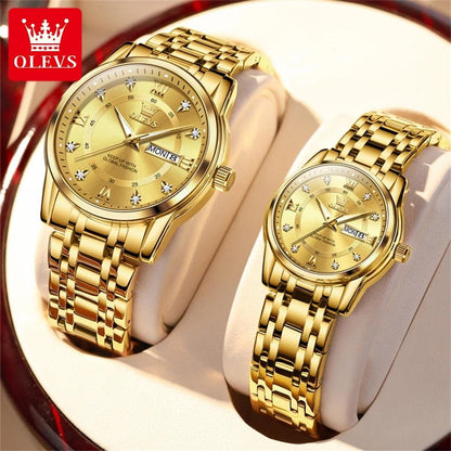 OLEVS Couple Watch Pair for Men and Women Stainless Steel Waterproof Men's Watches Luxury Gold Diamond Lover's Wristwatches 2023