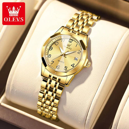 OLEVS Golden Watch for Women Luxury Elegant Rhombus Design Digital Dial Stainless Steel Strap Waterproof Calendar Clock Ladies