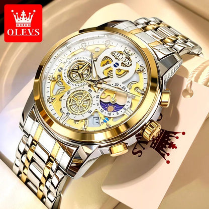 OLEVS Men's Watches Top Brand Luxury Original Waterproof Quartz Watch for Man Gold Skeleton Style 24 Hour Day Night New