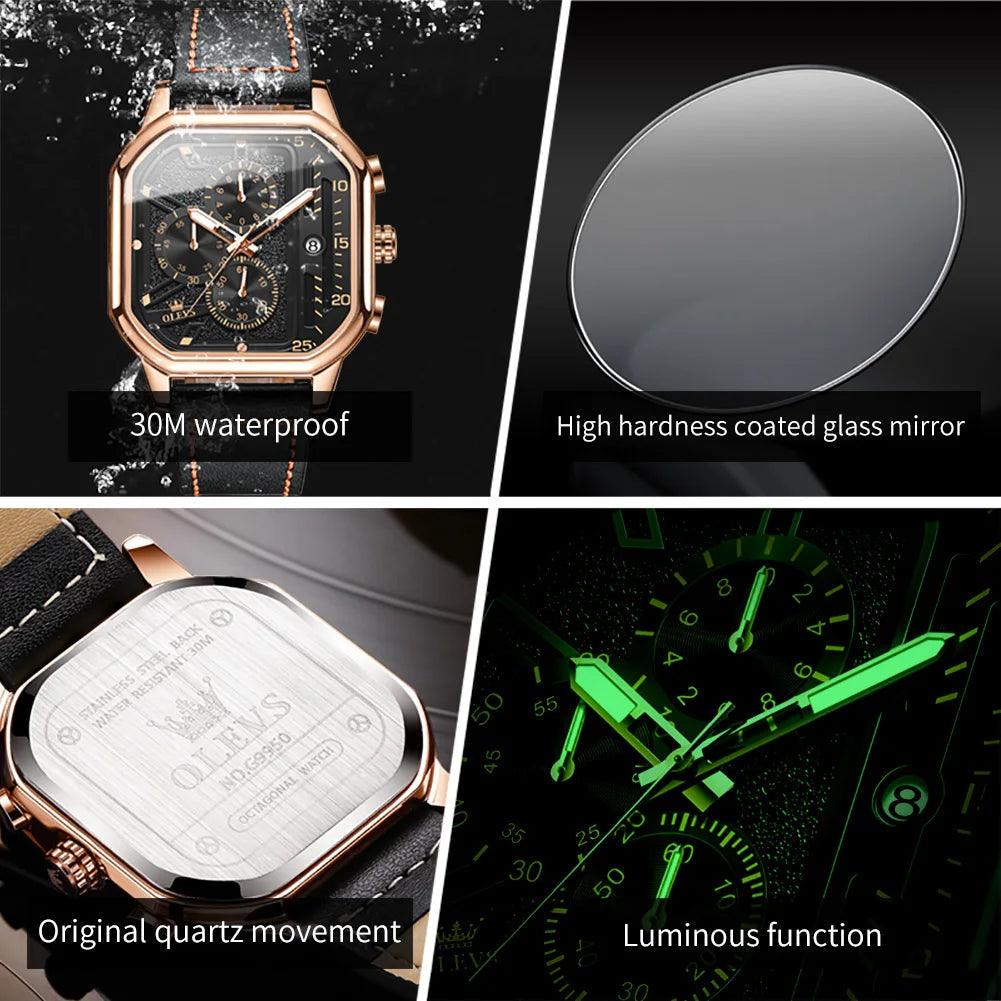 OLEVS Original Certification Top Luxury Men's Watches Waterproof Fashion Luminous Multifunctional Quartz Watch Leather Strap