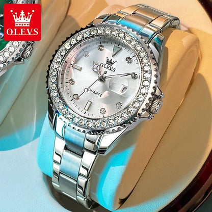 OLEVS Original Diamond Dial Quartz Watch for Women Fashion Elegant Ladies Watches Stainless Steel Waterproof Women's Wristwatch