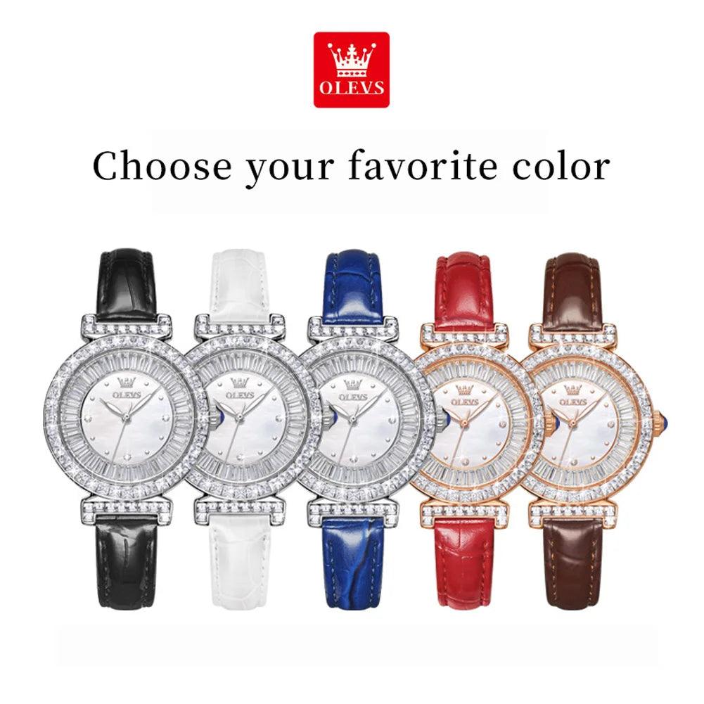 OLEVS Women's Watches Light luxury Fashion Original Quartz Watch for Ladies Waterproof Leather Strap Luminous Diamond Ring Dial