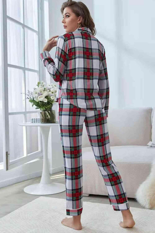 Plaid Button Front Top and Pants Lounge Set Carauana Store