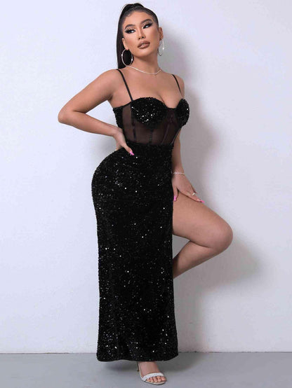 Sequin Spliced Mesh Adjustable Strap Dress Carauana Store