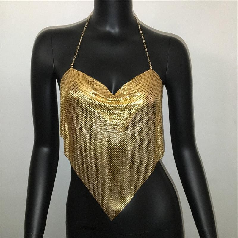 Solid Sequin Metal Cropped Tank Top