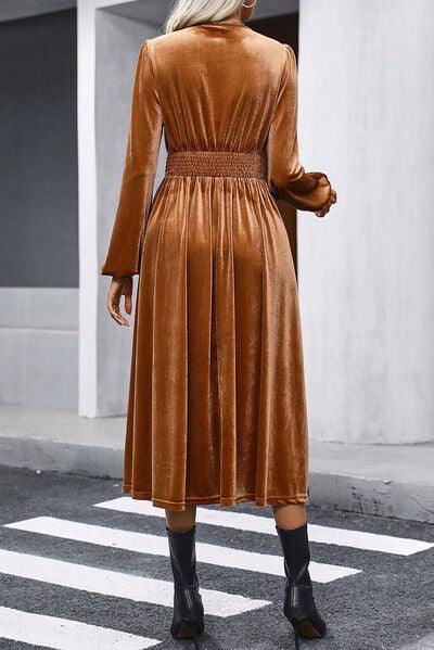 Surplice Balloon Sleeve Smocked Midi Dress Carauana Store