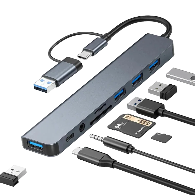 USB hub with various cables and connectors