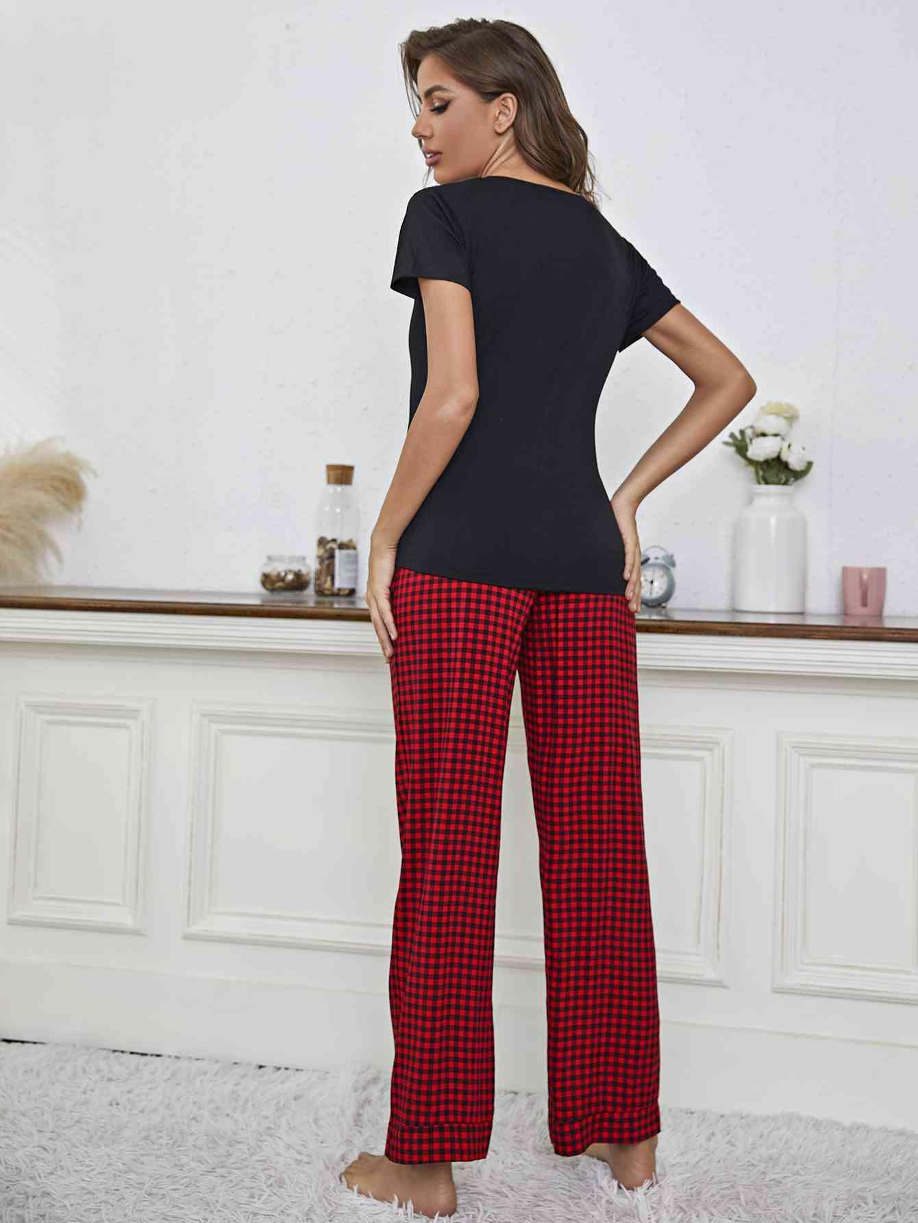 V-Neck Top and Gingham Pants Lounge Set Carauana Store