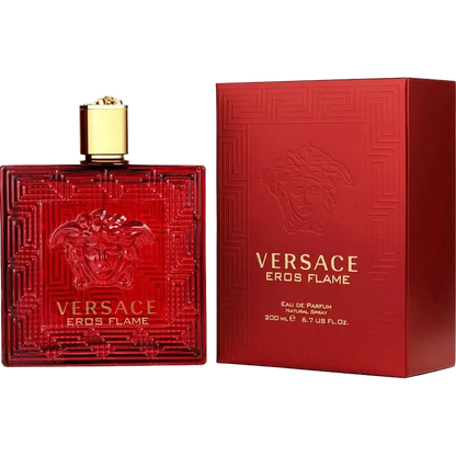 Versace Eros Flame perfume bottle and packaging on a white background