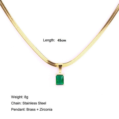 Vintage Rust Steel Zircon Necklace Flat Snake Bone Chain Blade Chain Square Emerald Pendant Necklace Women