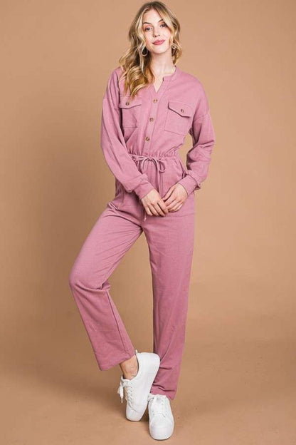Culture Code Full Size Button Up Drawstring Waist Straight Jumpsuit Carauana Store