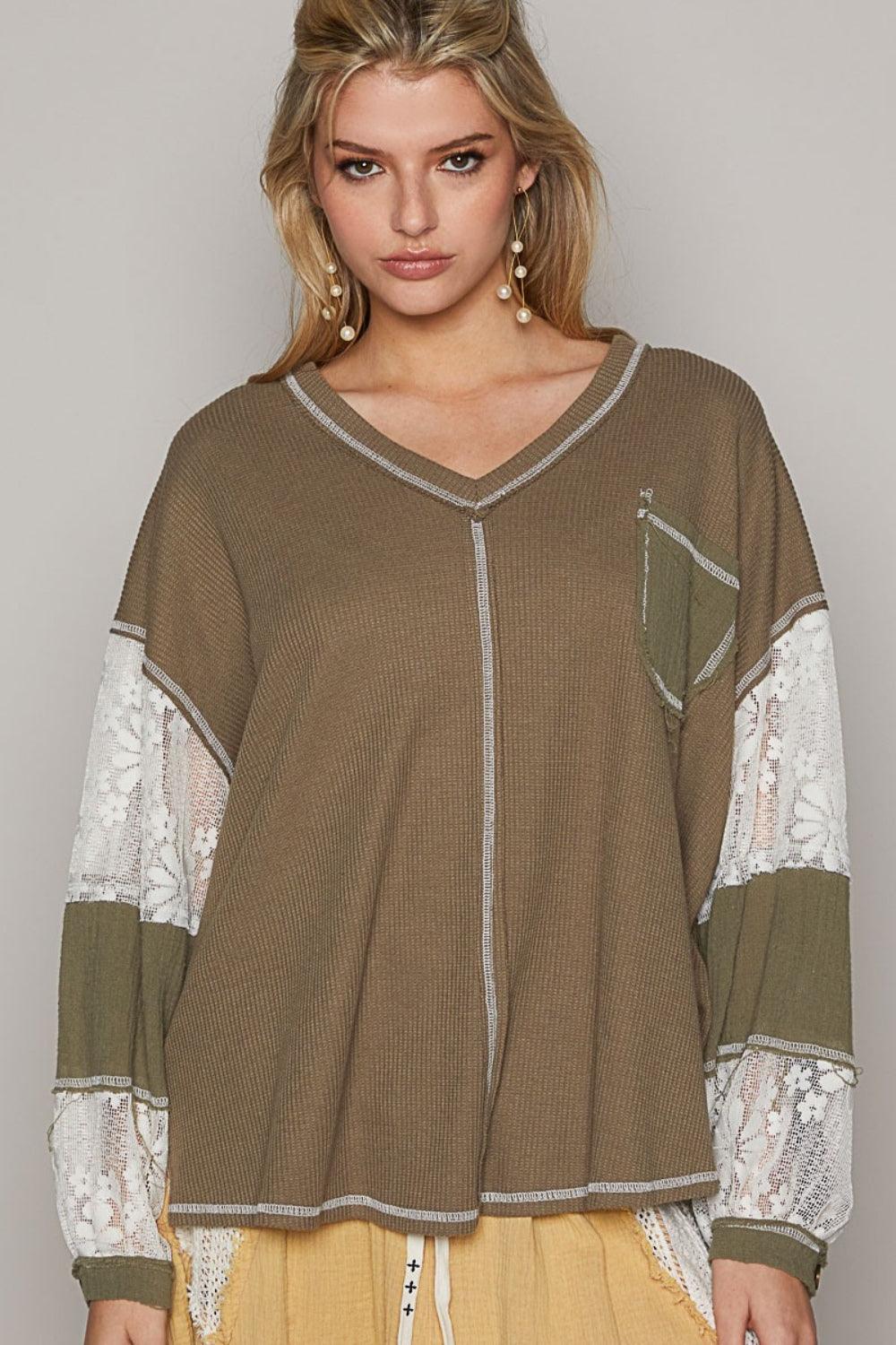 POL V-Neck Lace Balloon Sleeve Exposed Seam Top Carauana Store
