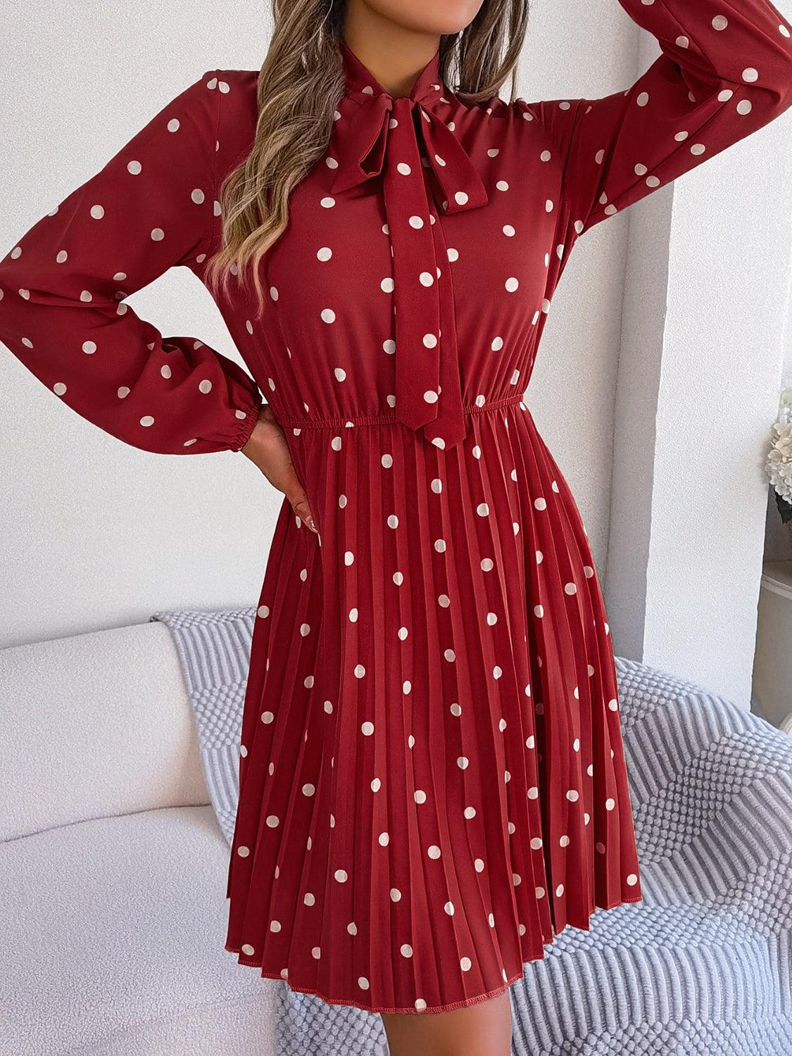 Polka Dot Tie Neck Pleated Dress Carauana Store