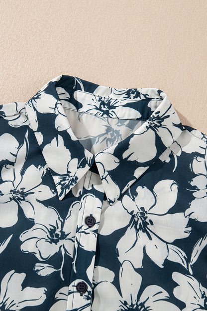 Blue Floral Short Puff Sleeve Summer Shirt
