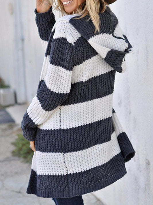 Striped Open Front Hooded Cardigan Carauana Store