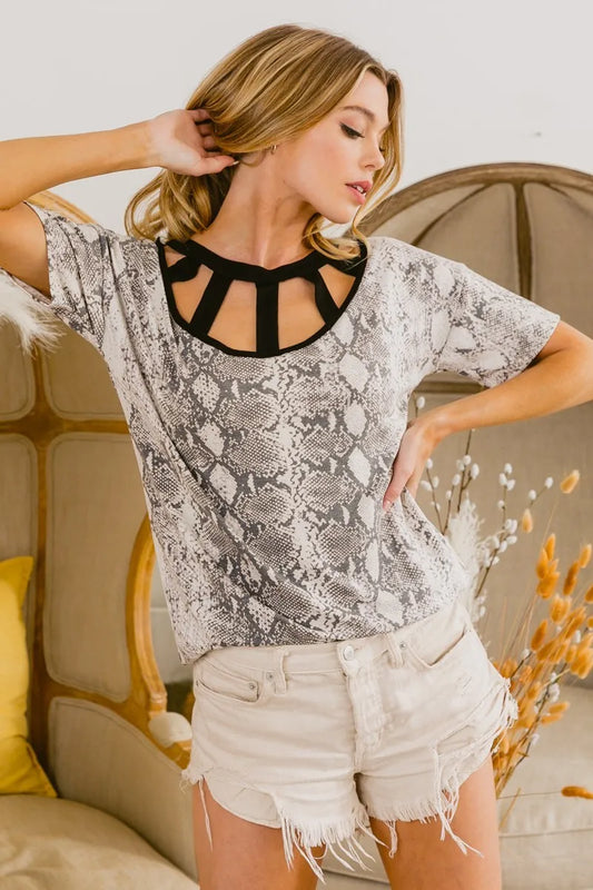 BiBi Snake Skin Print Top with Contrast Caged Neck Carauana Store