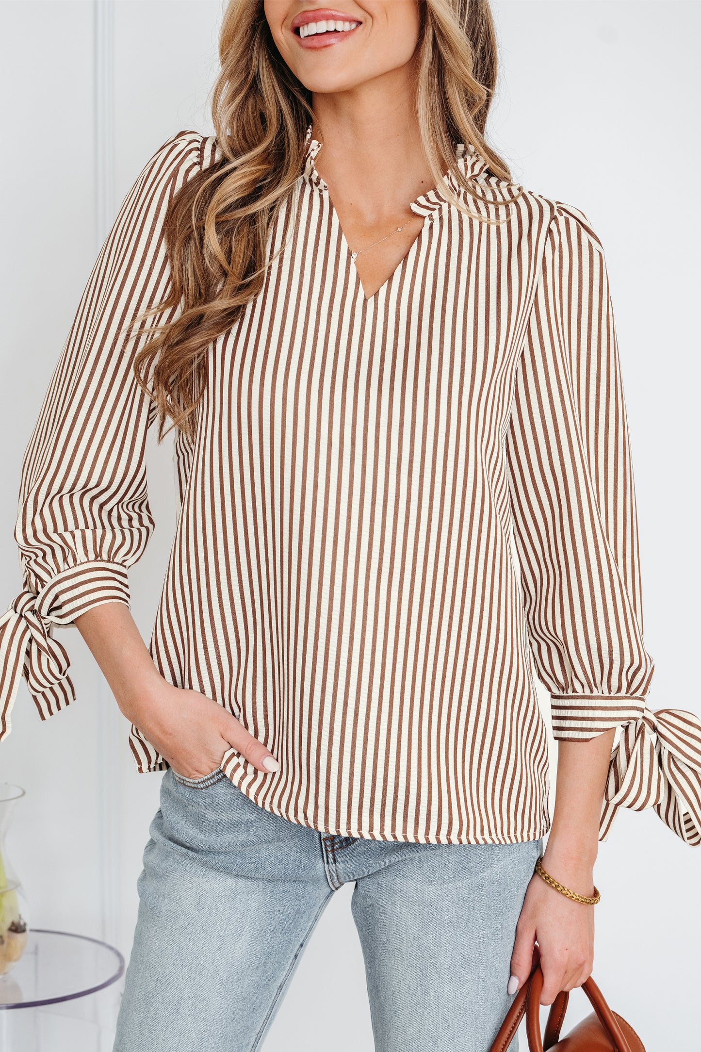 Straw Yellow Striped Print Tied Cuffs Split Neck Seersucker Blouse