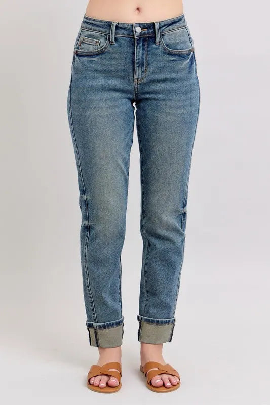 Judy Blue Full Size Mid Rise Vintage Wash Double Roll Cuff Boyfriend Jeans Plus Size Carauana Store