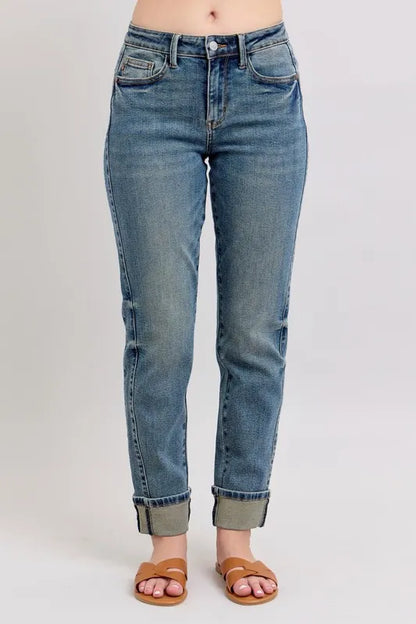 Judy Blue Full Size Mid Rise Vintage Wash Double Roll Cuff Boyfriend Jeans Plus Size Carauana Store