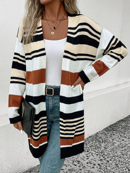Perfee Striped Open Front Drop Shoulder Cardigan Carauana Store
