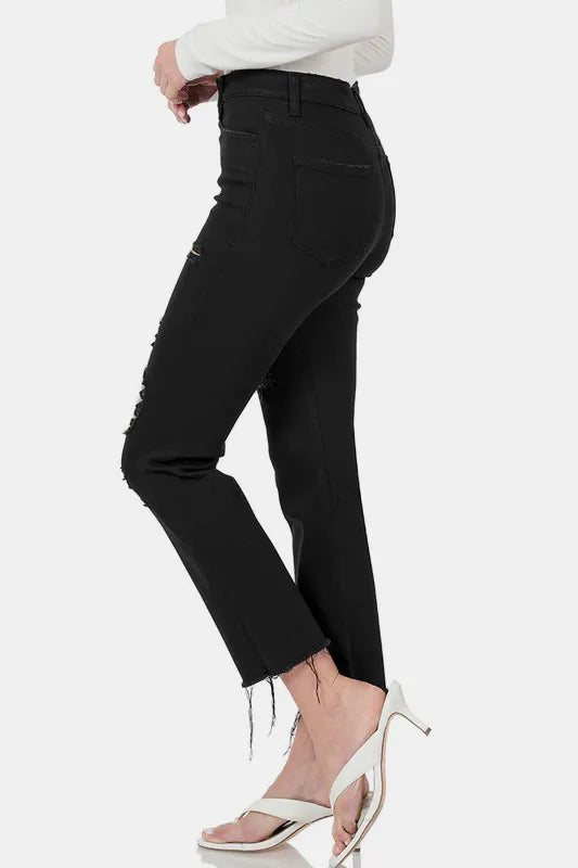 Zenana Distressed Raw Hem Cropped Jeans Carauana Store