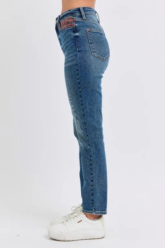 Judy Blue Full Size HW Plaid Patch Slim Fit Jeans Plus Size Carauana Store