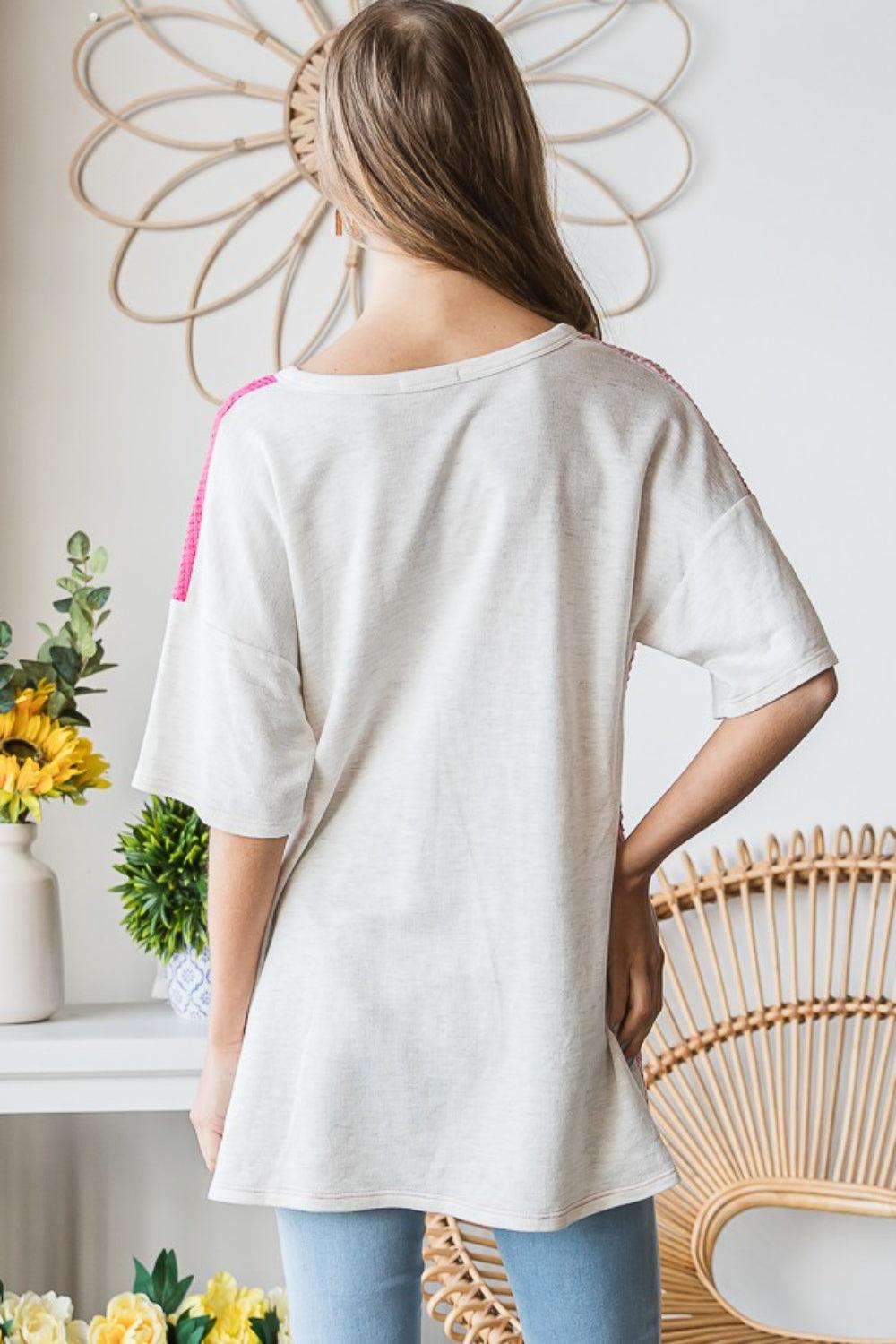 Heimish Full Size Contrast Waffle-Knit Half Sleeve Blouse Carauana Store