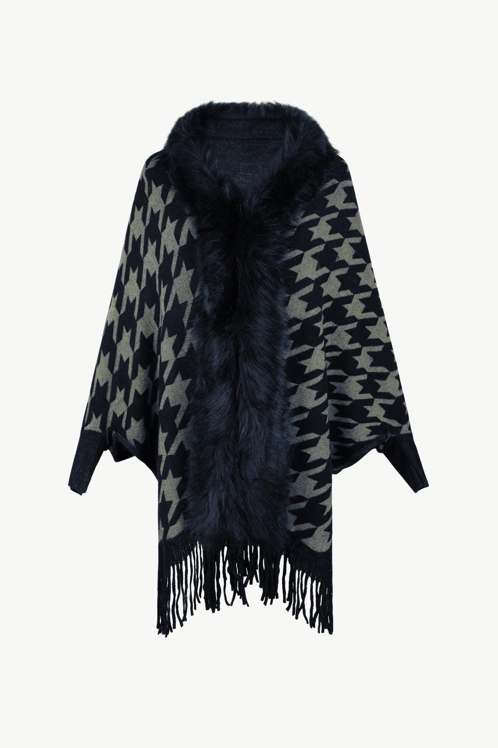 Houndstooth Fringe Hem Poncho Carauana Store