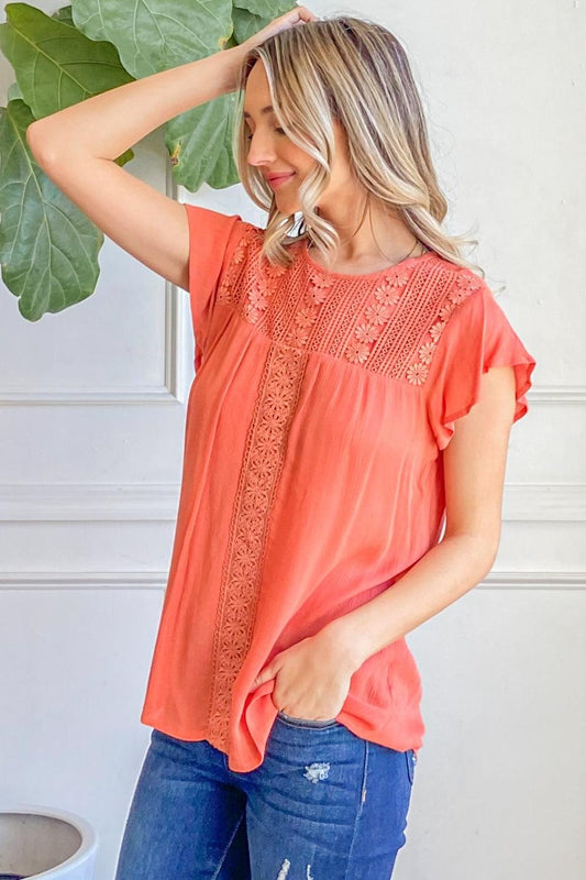 And The Why Lace Detail Ruffle Short Sleeve Blouse Carauana Store