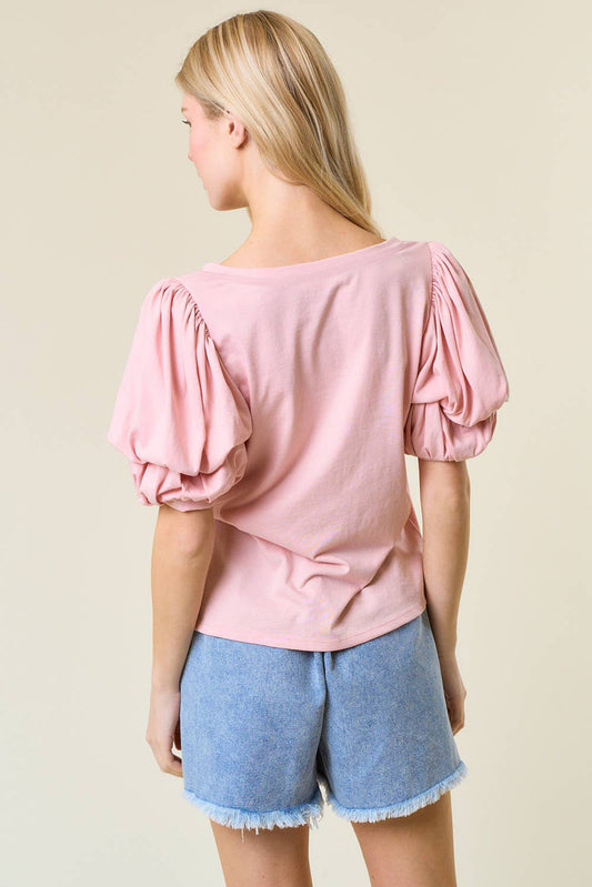 Light Pink Scoop Neck Bubble Sleeve Tee