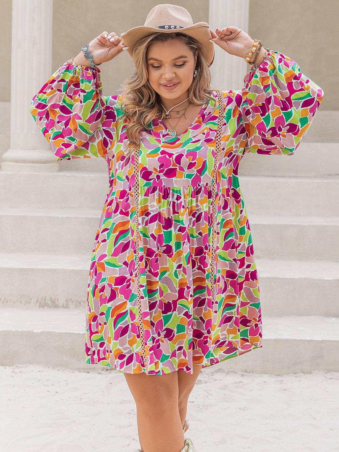 Plus Size Printed V-Neck Balloon Sleeve Mini Dress CaRaUaNa Fashion