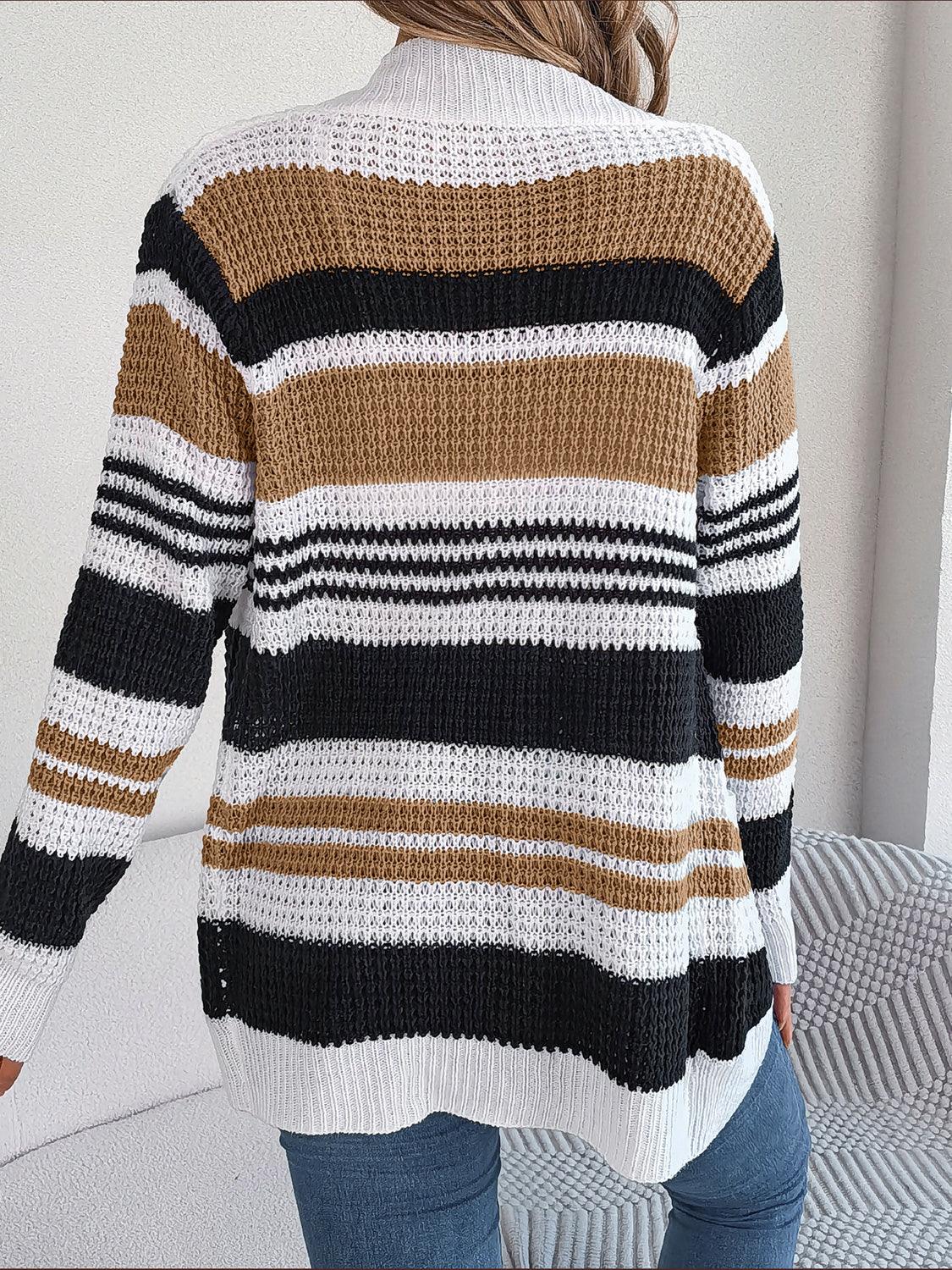 Striped Open Front Long Sleeve Cardigan Carauana Store