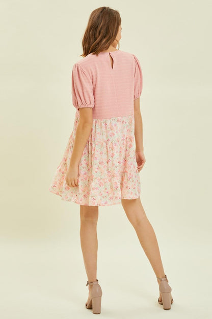 HEYSON Full Size Round Neck Floral Ruffle Hem Mini Dress Carauana Store