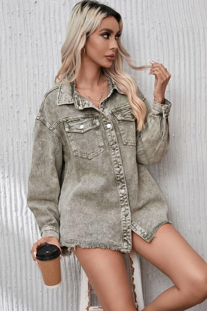 Button Up Pocketed Raw Hem Denim Jacket Carauana Store