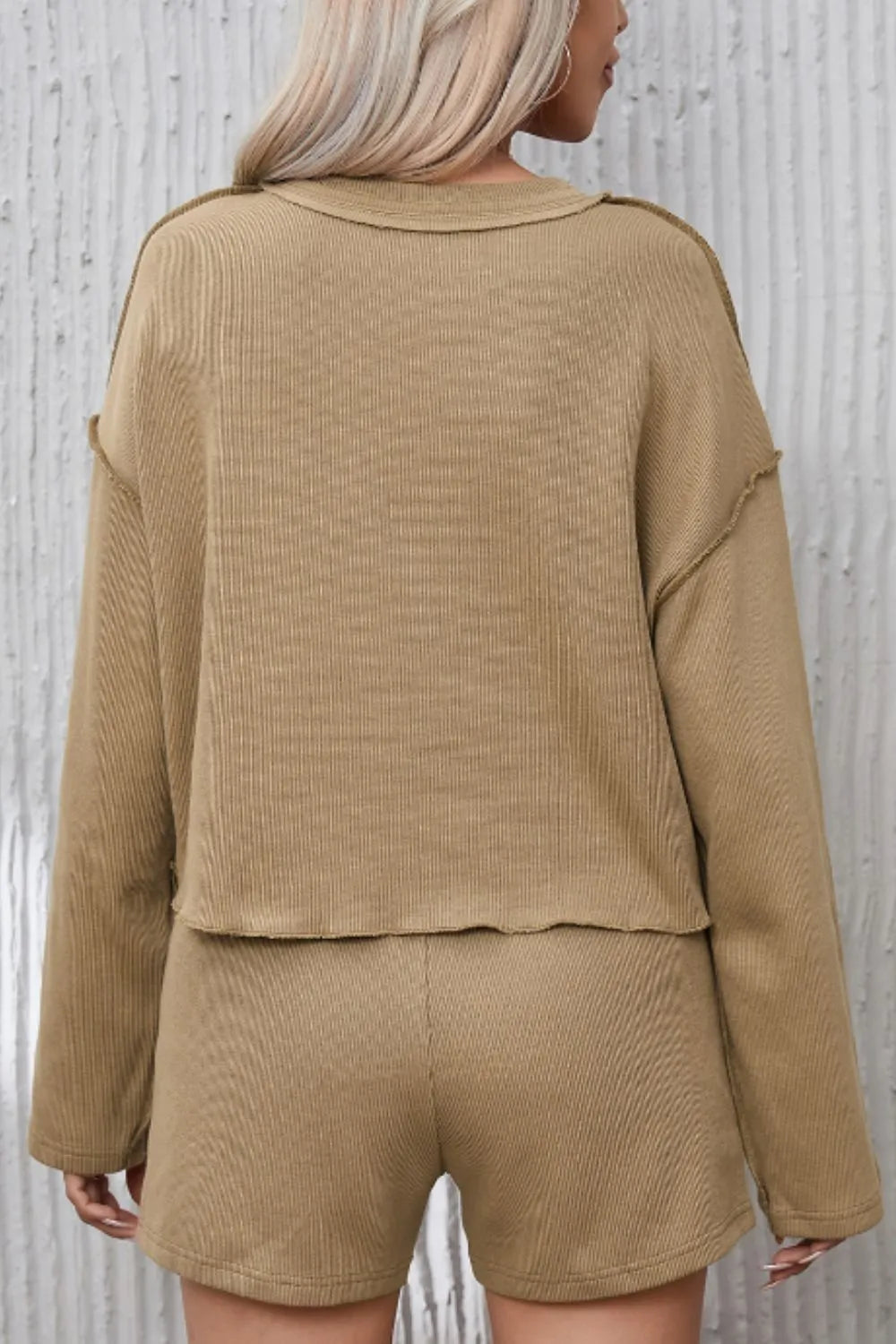 Exposed Seam Long Sleeve Top and Drawstring Shorts Set Carauana Store