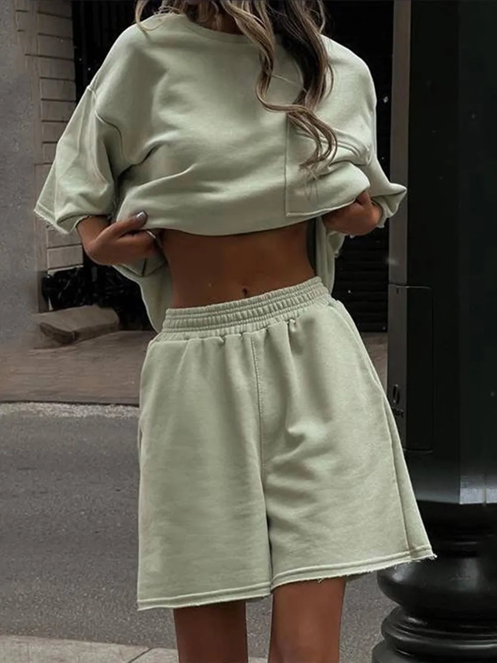 Pocketed Round Neck Half Sleeve Top and Shorts Set Carauana Store