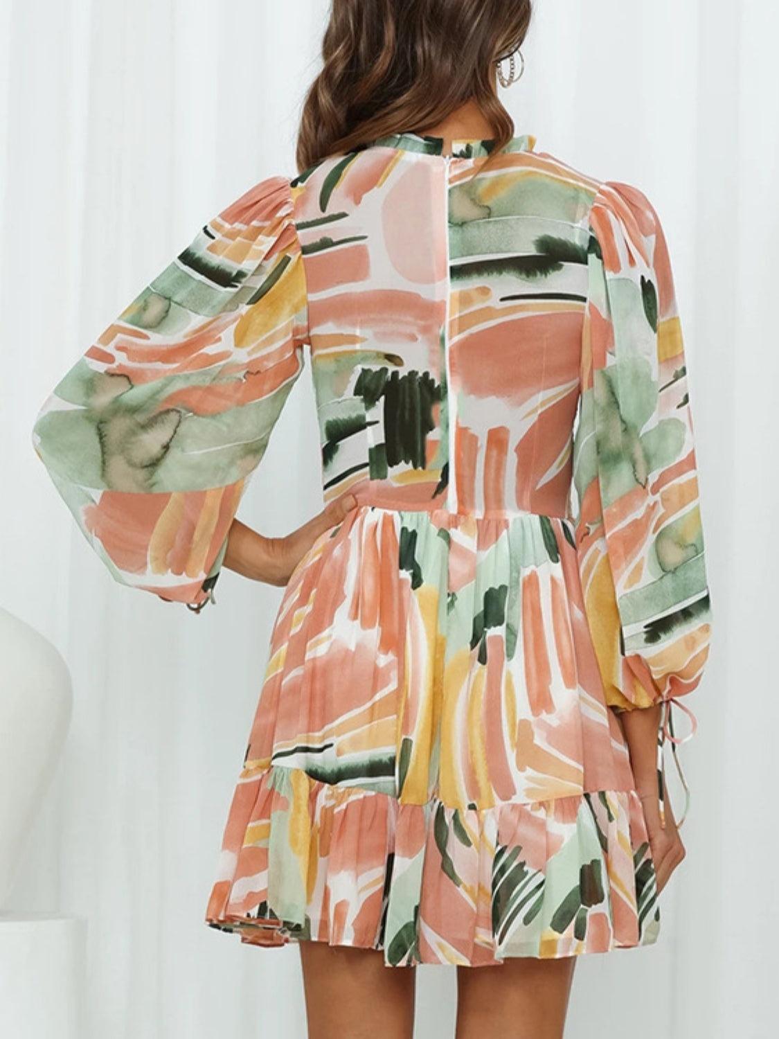 Printed Mock Neck Balloon Sleeve Mini Dress Carauana Store