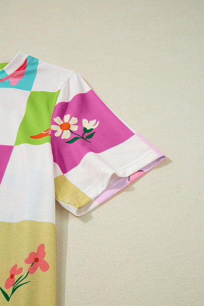 Lila Western-Mode Karomuster Rundhals-T-Shirt