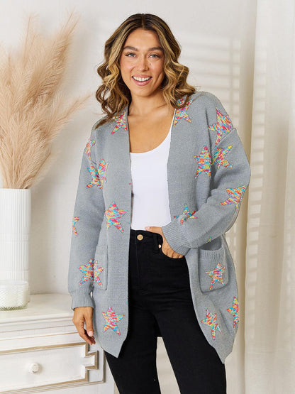 Angel Wings Star Pattern Open Front Cardigan with Pockets Carauana Store