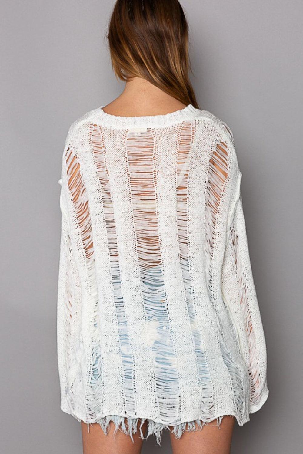 POL Distressed Round Neck Long Sleeve Knit Cover Up Carauana Store
