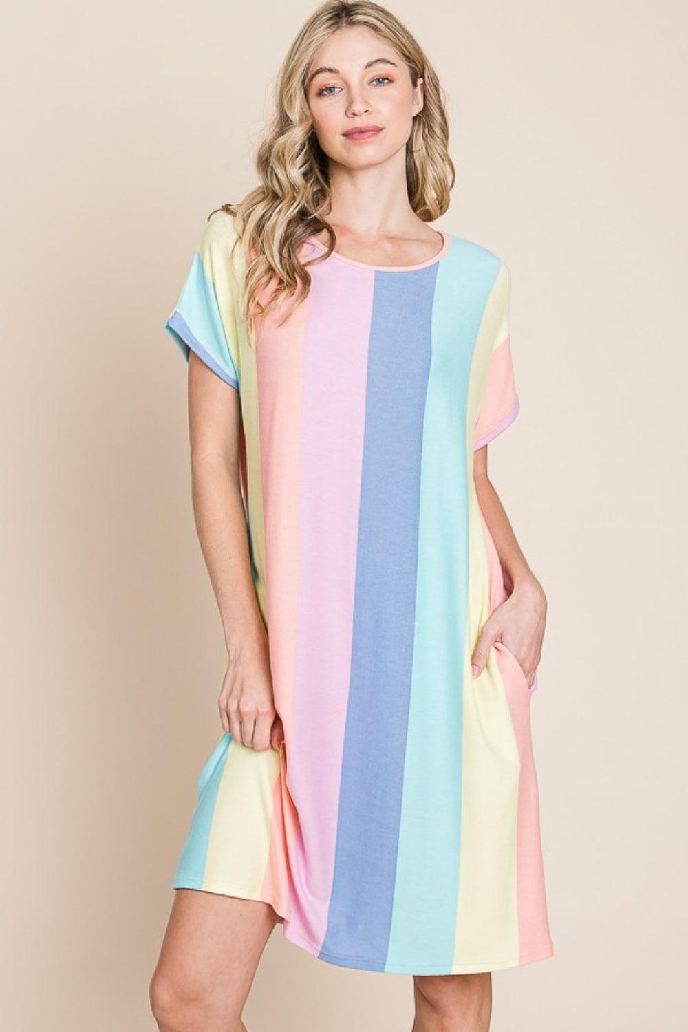 BOMBOM Striped Short Sleeve Dress with Pockets Carauana Store