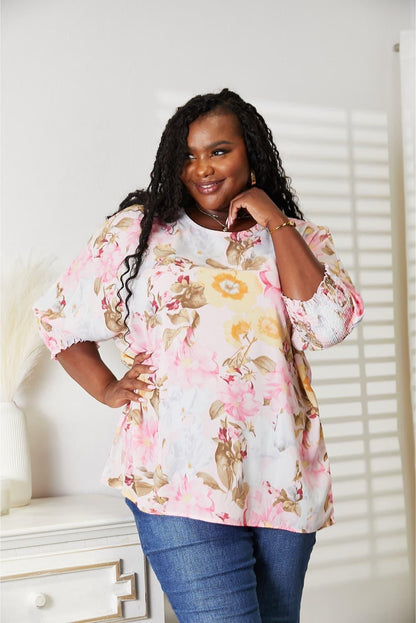 Double Take Floral Round Neck Three-Quarter Sleeve Top Carauana Store