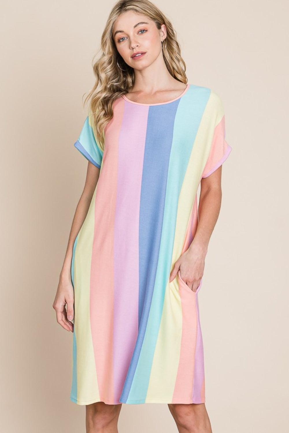 BOMBOM Striped Short Sleeve Dress with Pockets Carauana Store