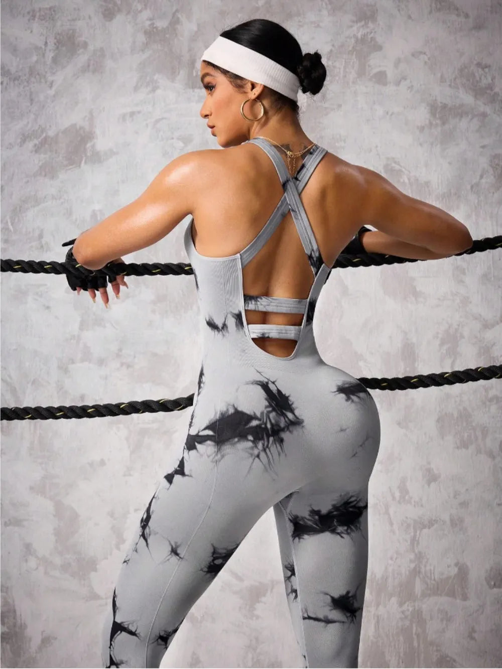 Back Crisscross Tie-Dye Scoop Neck Active Jumpsuit Carauana Store