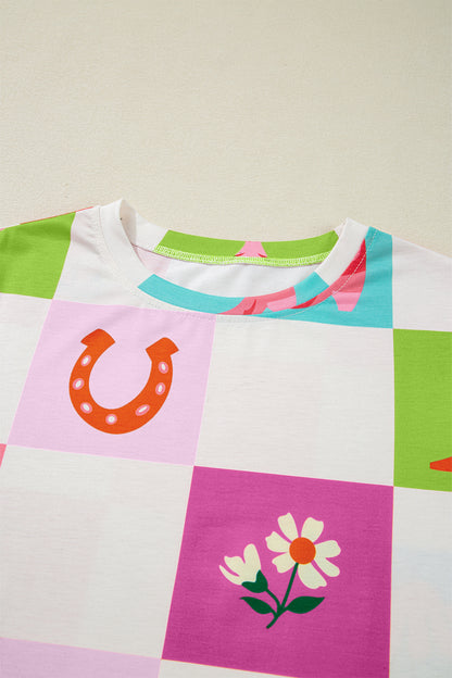 Lila Western-Mode Karomuster Rundhals-T-Shirt