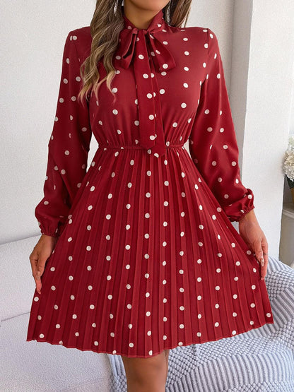 Polka Dot Tie Neck Pleated Dress Carauana Store