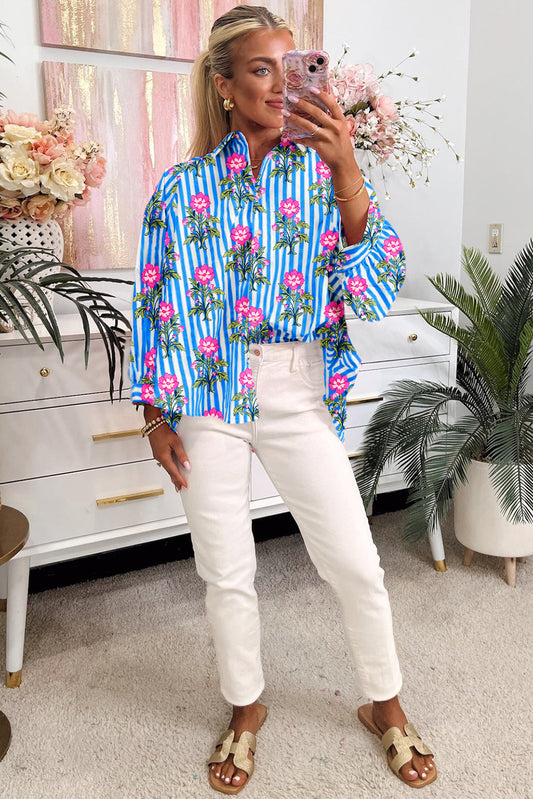 Blue Striped Floral Print Buttoned Cuffs Loose Fit Shirt