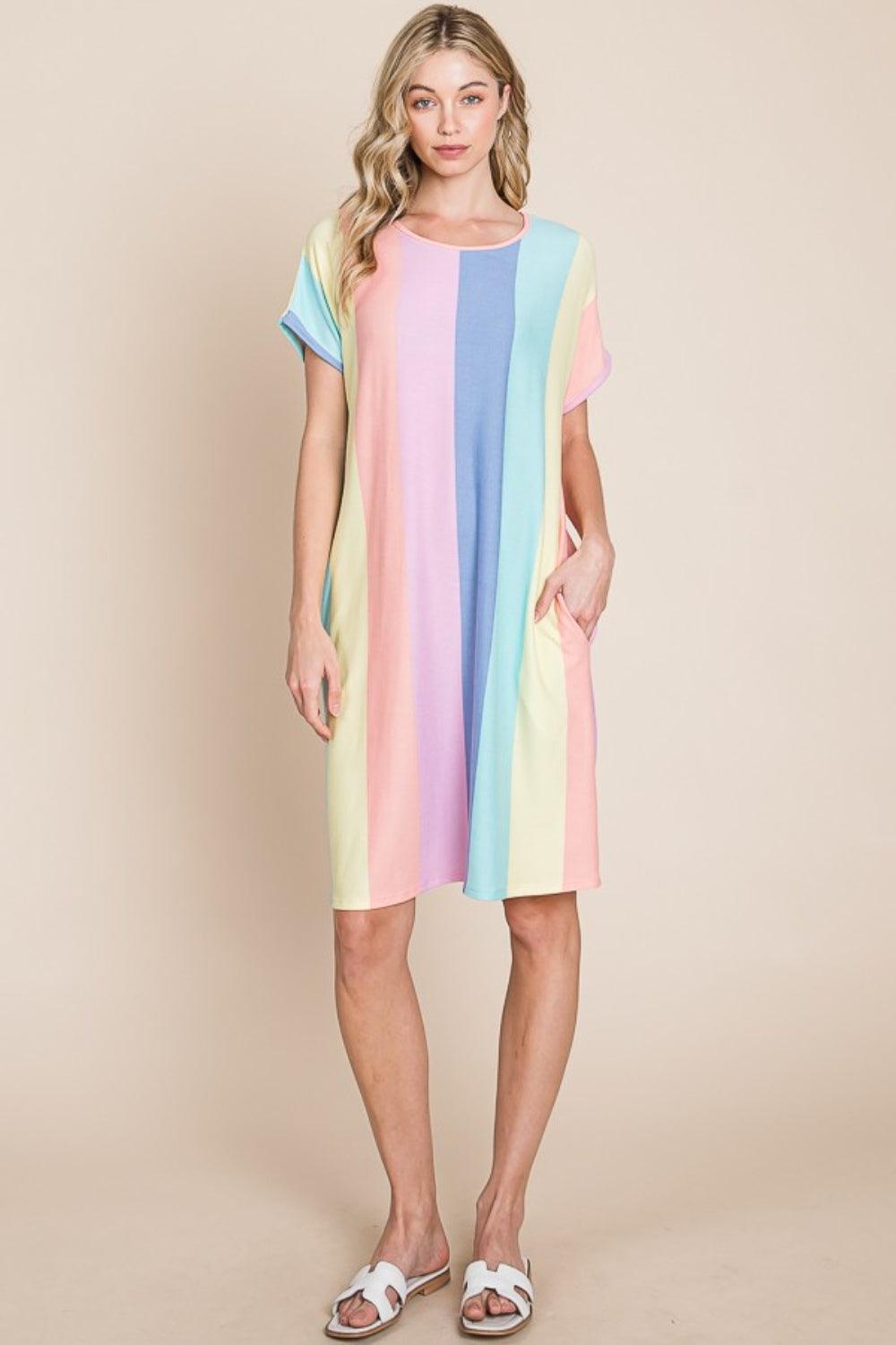 BOMBOM Striped Short Sleeve Dress with Pockets Carauana Store