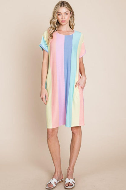 BOMBOM Striped Short Sleeve Dress with Pockets Carauana Store