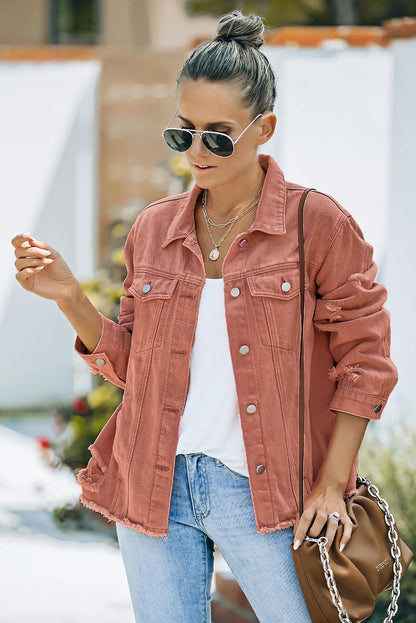 Distressed Raw Hem Denim Jacket Carauana Store